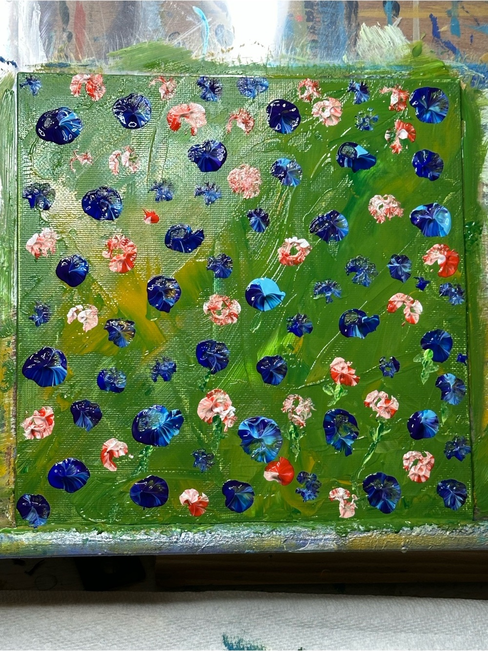 Green Floral Abstract Canvas Art with Blue and Pink Blossoms